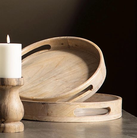 Bricka / Ljusbricka i trä rund med handtag Ø38cm