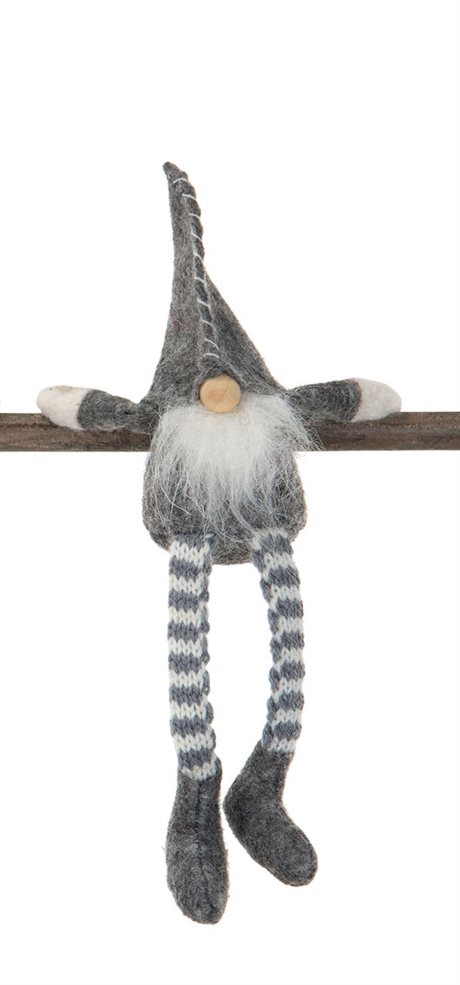 Tomte sittande med magnet, luva, skägg & stickade ben 17cm