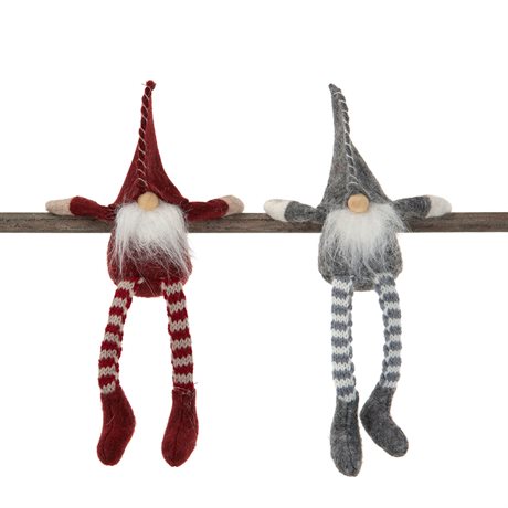 Tomte sittande med magnet, luva, skägg & stickade ben 17cm pris/st