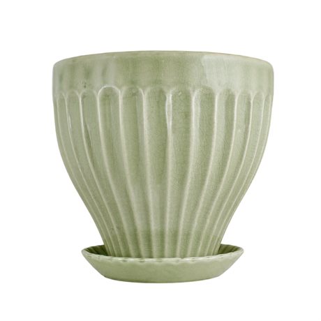 Kruka ANNA med reliefmönster & fat – Ljusgrön Stor Ø:25cm H:23cm