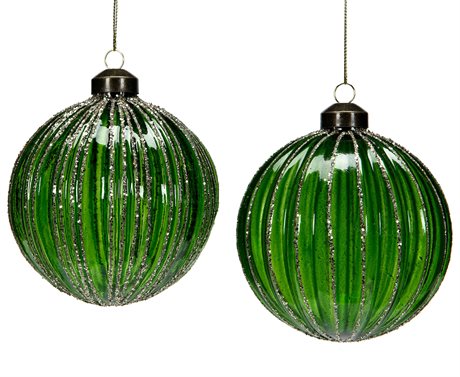 Julkulor AVA i grönt glas med glitterränder Ø:10cm 2-pack