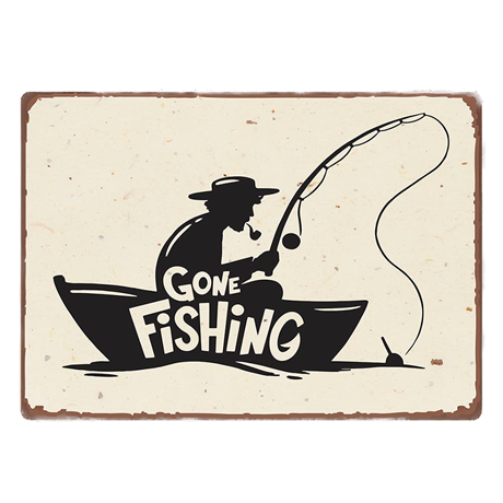 Metallskylt i vintagestil – Gone Fishing 15x20cm
