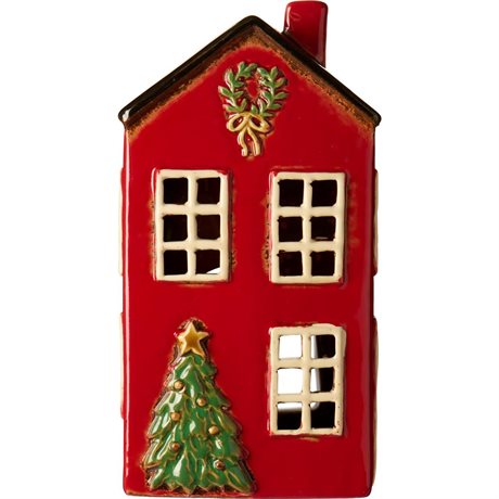 Ljuslykta i stengods – Rött hus med julgran H:20cm 