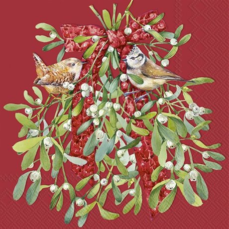 Servetter Lunch Birds In Mistletoe Red
