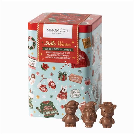 Chokladfigurer av fin mjölkchoklad i julig plåtburk 120g