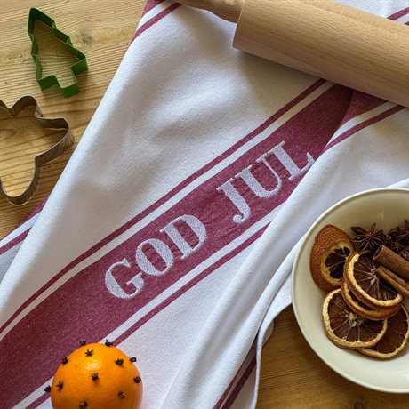 Kökshandduk med brodyr GOD JUL – Recycled OEKO-TEX® röd & vit 50x70cm