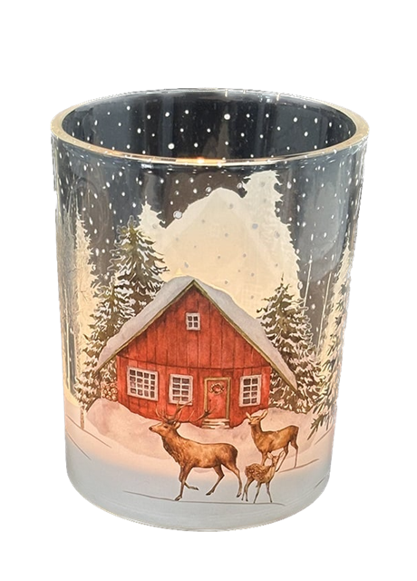 Ljuslykta i glas – Hjortar framför stuga stor H:12,5cm