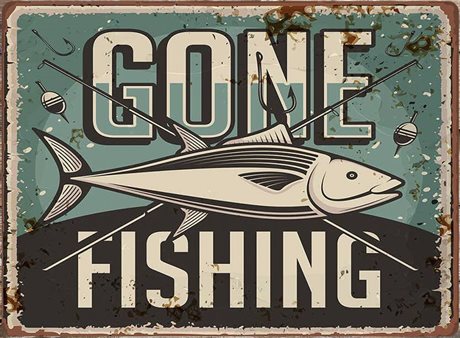 Metallskylt i vintagestil – Gone Fishing 20x25cm