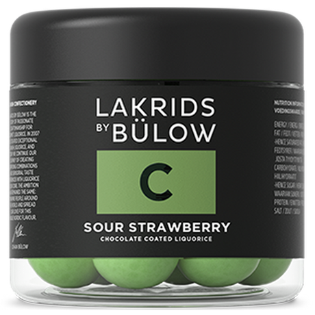 C Lakrits SOUR STRAWBERRY – Vit choklad • Grön jordgubbe • Röd lakrits 115g