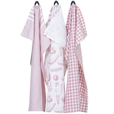 Kökshandduk LINNEA – Recycled OEKO-TEX® Rosa & Vit 50x70cm. Tre olika mönster, Pris/st