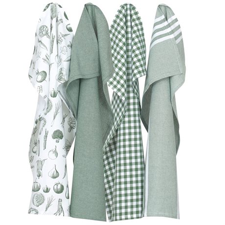 Kökshandduk LINNEA – Recycled OEKO-TEX® Grön & Vit 50x70cm. Fyra olika mönster, Pris/st