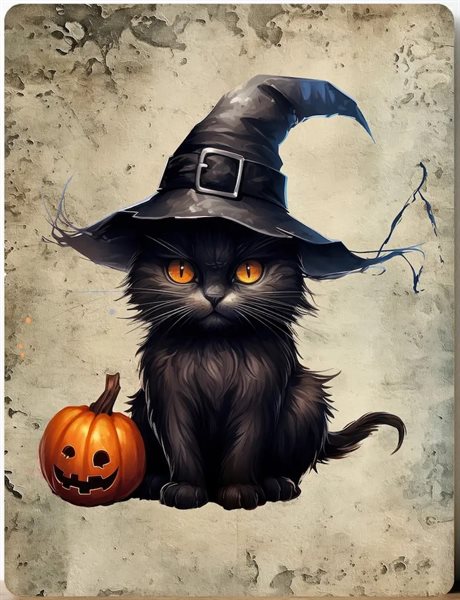 Metallskylt i vintagestil – Black Cat with Halloween Pumpkin 20x25cm