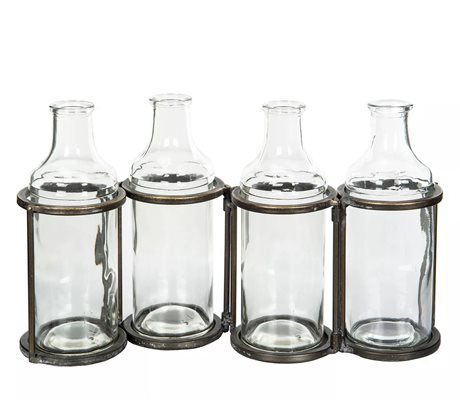 Glasflaskor / glasvaser – Fyra stycken i en hållare 36x8x12,5cm