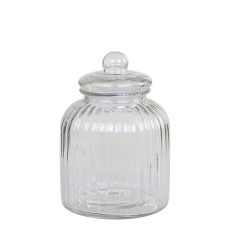 Glasburk i räfflat klarglas med lock H:26cm