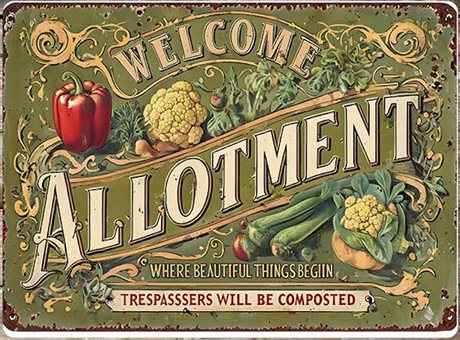Metallskylt i vintagestil – Welcome Allotment 28x41cm