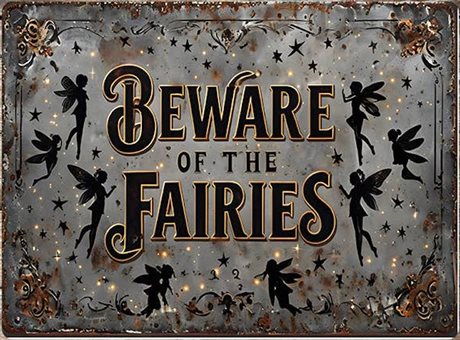 Metallskylt i vintagestil – Beware of the Fairies 20x25cm
