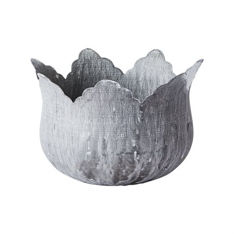 Kruka FENIX i grå bladformad metall med patina MEDIUM: Ø18xH14cm