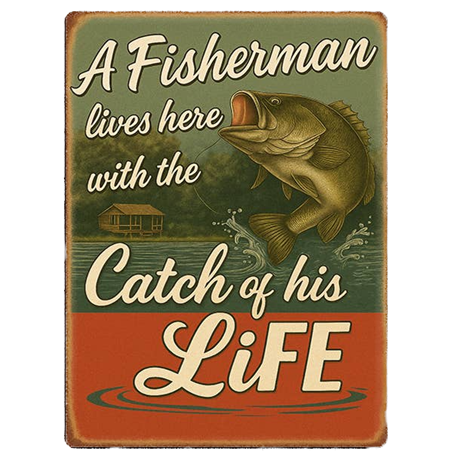 Metallskylt i vintagestil – A Fisherman lives here... 20x25cm