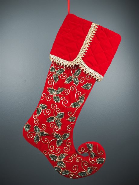 Julstrumpa i röd sammet med brodyr 48cm