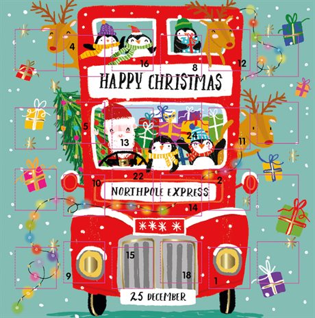 Kalenderkort, dubbelt med kuvert & insidestext – Christmas Bus 16x16