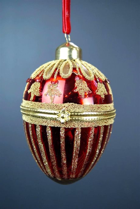 Julkula GLASS EGG – röd glaskula med guldglitter, går att öppna 8,5cm med ask
