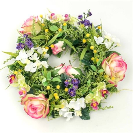 Krans med rosor, blommor & blad konstgjord 30cm