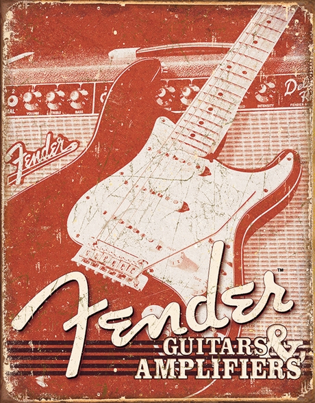 Plåtskylt Retro – FENDER Weathered G&A 32x41cm