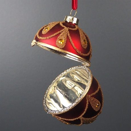 Julkula GLASS EGG – röd glaskula med guldglitter, går att öppna 6x6x9,5cm