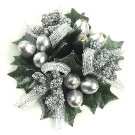 Ljusmanschett Holly berry beads ribbon i silver & grönt ID:2,5CM YD:10CM