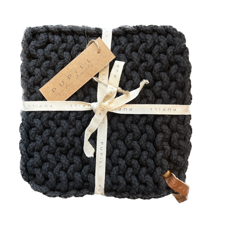 Grytunderlägg PUPILL ribbad ull – Svart 20x20cm 2-pack