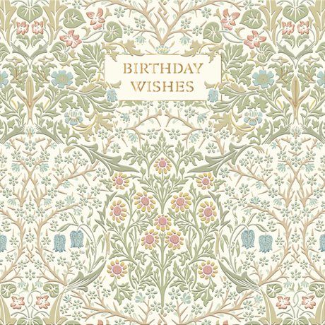 Dubbelt kort med kuvert, blank insida – "Birthday Wishes" William Morris 16x16cm