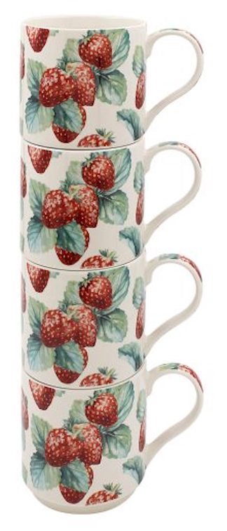 Stapelbara muggar i porslin i mönstret Strawberry Field 4-pack
