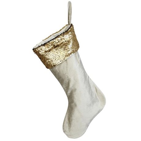 Julstrumpa i vit sammet med paljetter i guld L:50cm