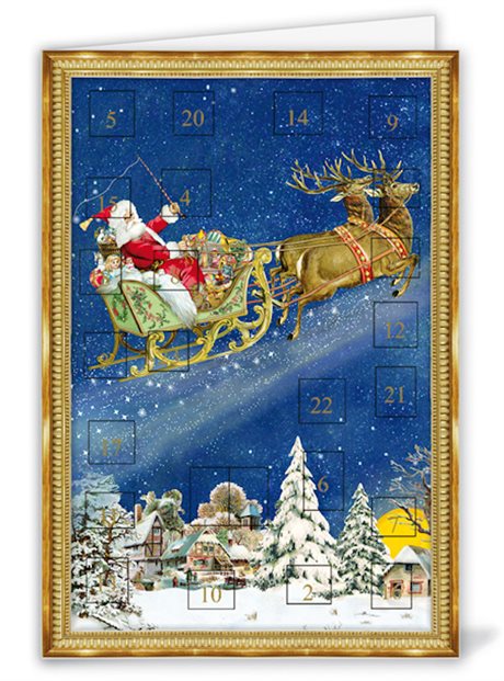 Kalenderkort, dubbelt med kuvert & blank insida – Santa in His Flying Sleigh 11,5x16,3cm