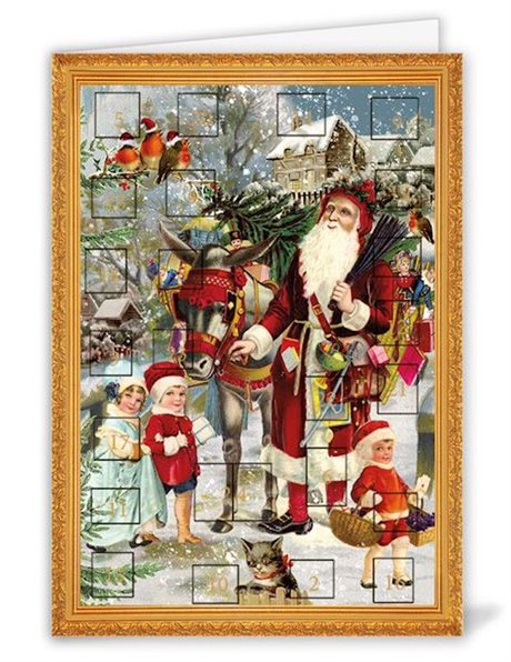 Kalenderkort, dubbelt med kuvert & blank insida – Santa with Donkey & Children 11,5x16,3cm