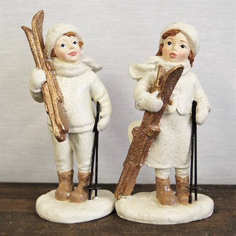 Vinterbarn med skidor i creme & guldglitter H:12cm Två olika pris/st