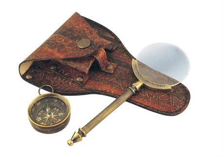 Förstoringsglas & kompass i läderfodral L:14cm
