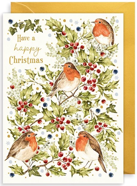 Dubbelt julkort med kuvert, blank insida – Robins 10,5x15cm