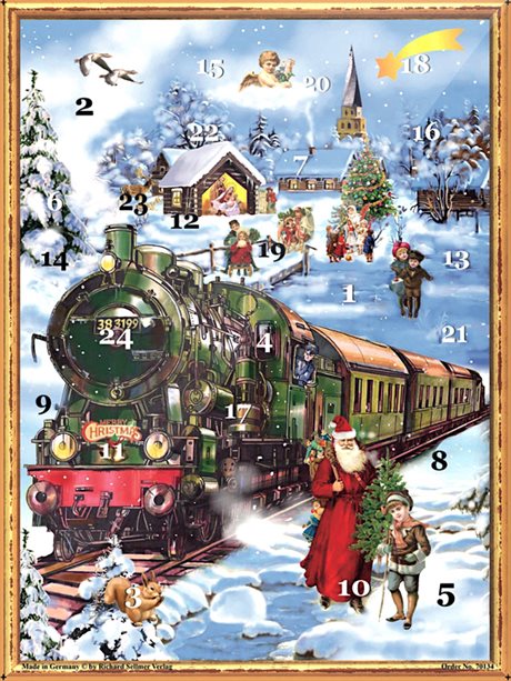 Adventskalender med glitter – Victorian nr.1 Tomte vid Tåg A3