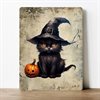 Metallskylt i vintagestil – Black Cat with Halloween Pumpkin 20x25cm